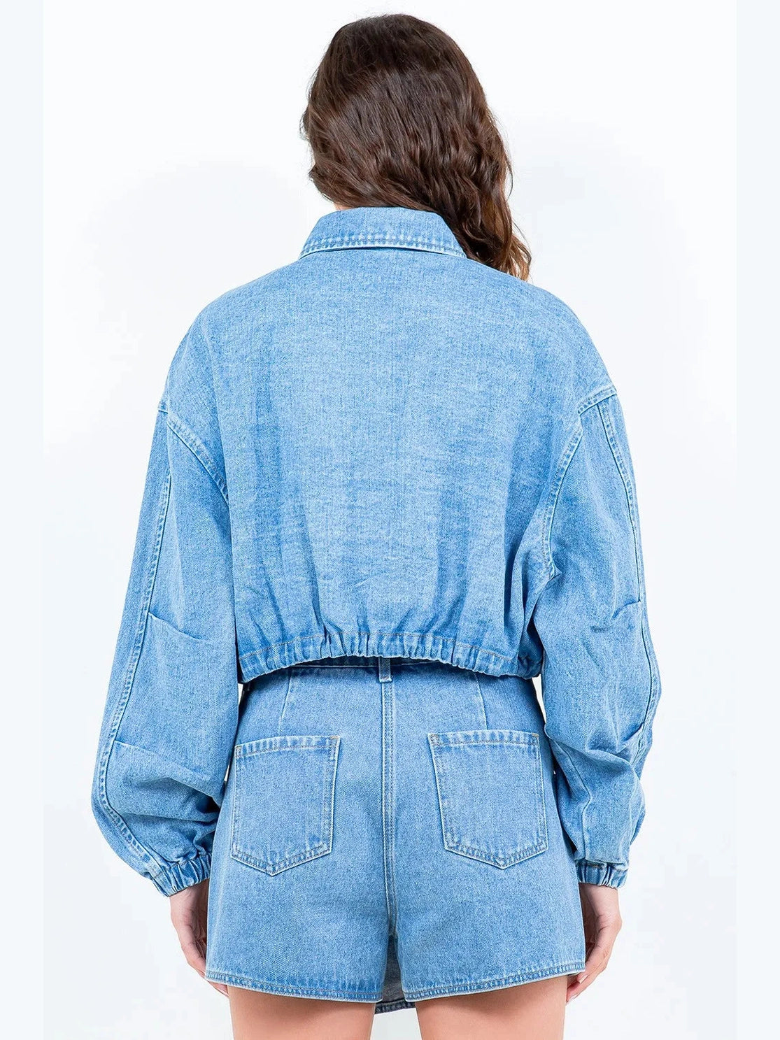 American Bazi Drawstring Waist Crop Denim Jacket
