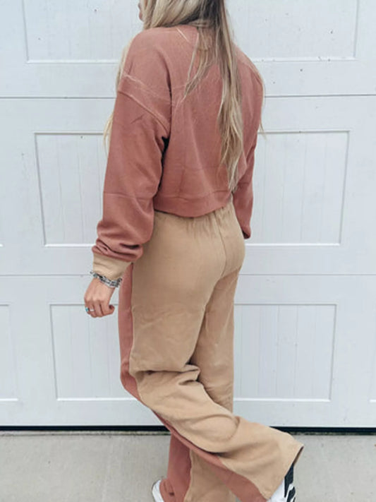 Color Block Long Sleeve Crop Top Drawstring Pant Set nicholesgifts