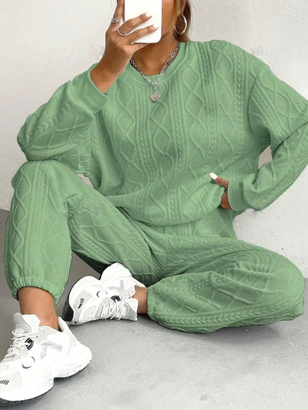 Texture Round Neck Top and Pants Set nicholesgifts