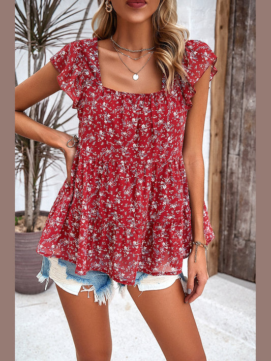 Printed Square Neck Cap Sleeve Blouse NicholesGifts