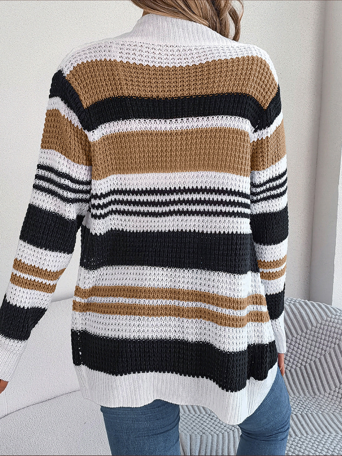 Women Striped Open Front Long Sleeve Cardigan NicholesGifts