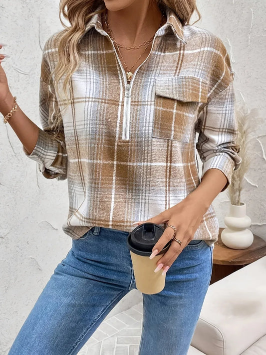 Plaid Collared Neck Half Zip Long Sleeve Top Trendsi