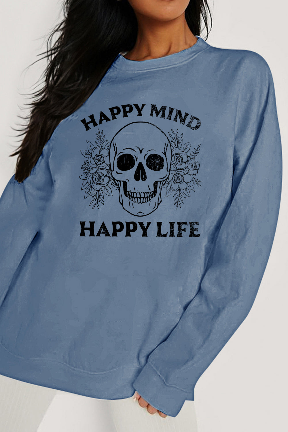 Simply Love Simply Love Full Size HAPPY MIND HAPPY LIFE SKULL Graphic Sweatshirt NicholesGifts