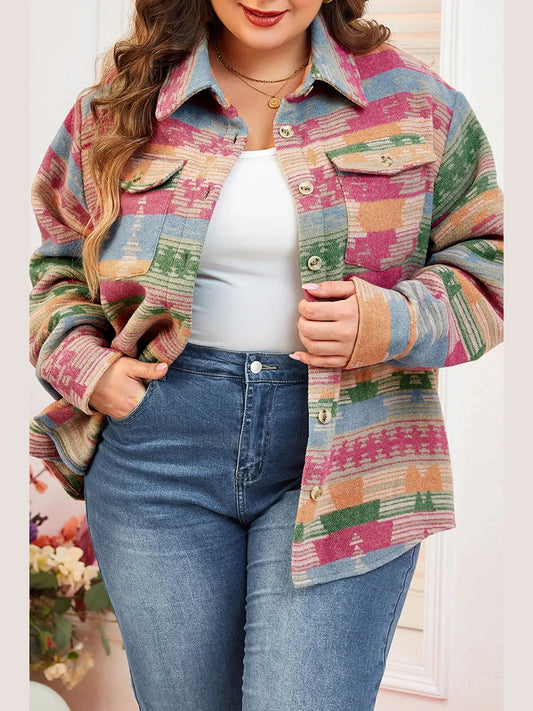 Plus Size Pocketed Printed Collared Neck Jacket Trendsi