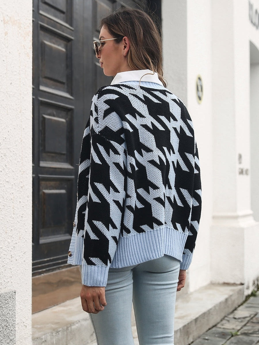 Women Houndstooth Button Down Cardigan Sweater