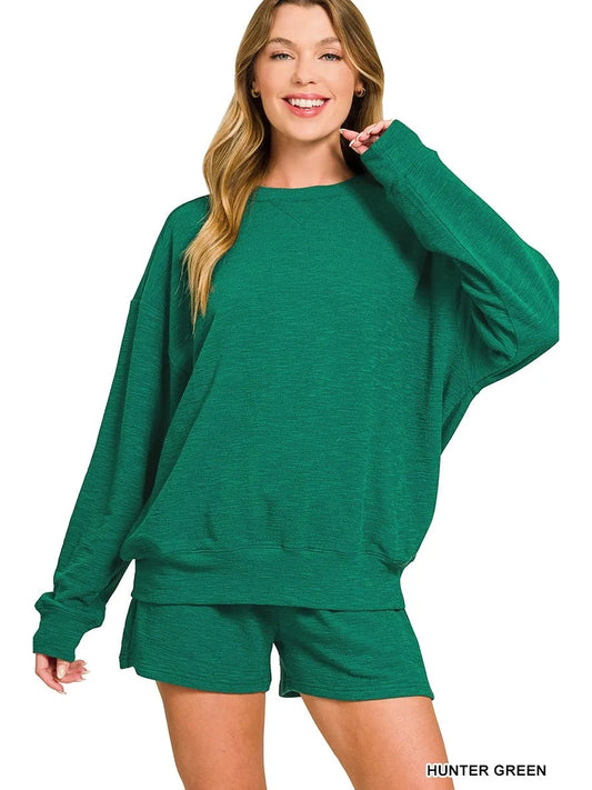 Zenana Slub Long Sleeve Top and Shorts Set Trendsi