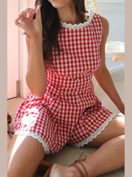 Lace Detail Plaid Sleeveless Romper Trendsi