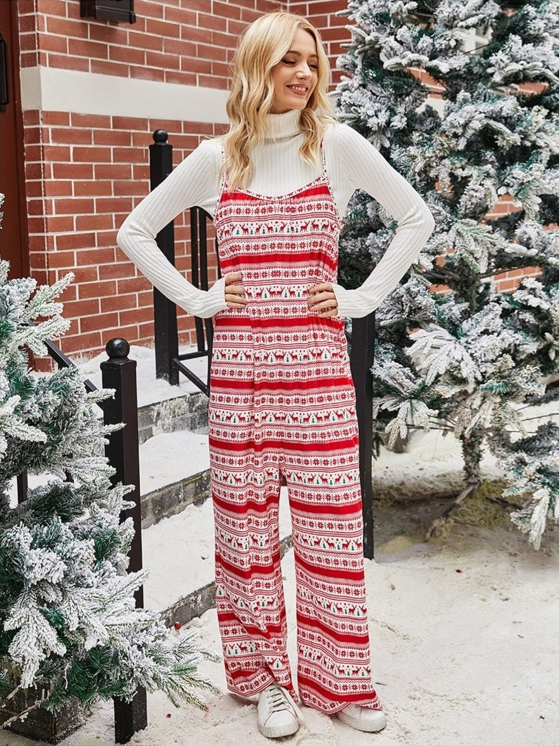 Shiny Christmas Color Contrast Wide-Legged Jumpsuit NicholesGifts