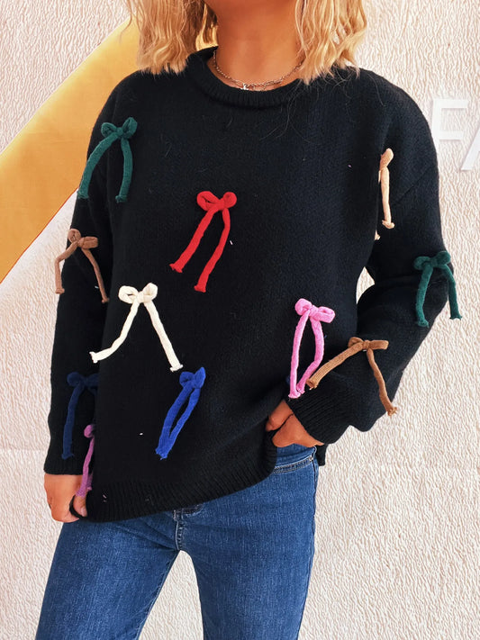 Colorful Bow Round Neck Sweater