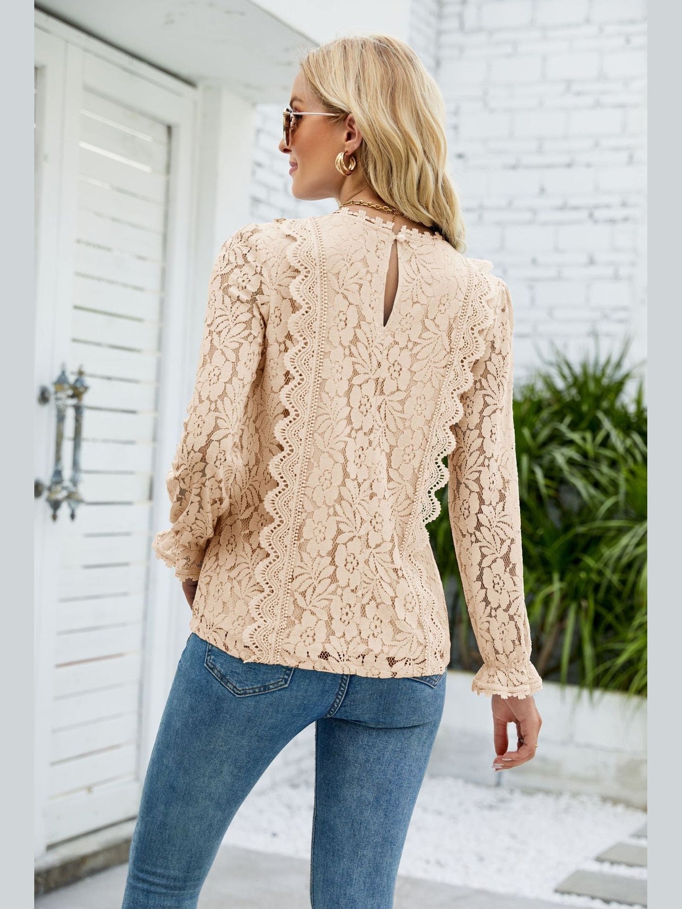 Women V-Neck Flounce Sleeve Lace Top