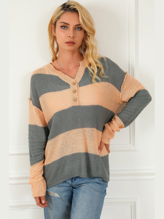 Striped Buttoned Dropped Shoulder Slit Sweater Trendsi