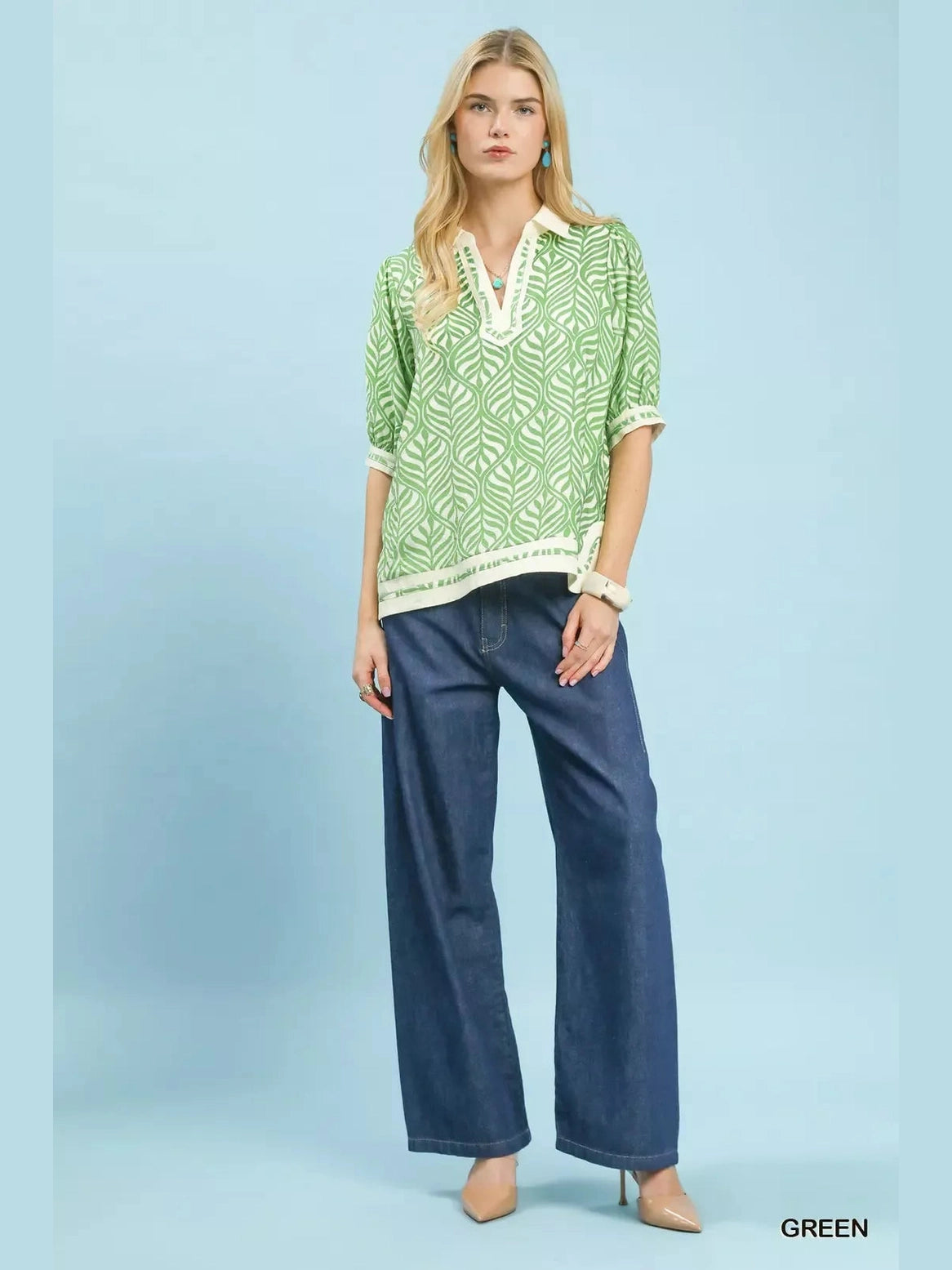 Umgee Geometric Leaf Print Popover Top nicholesgifts