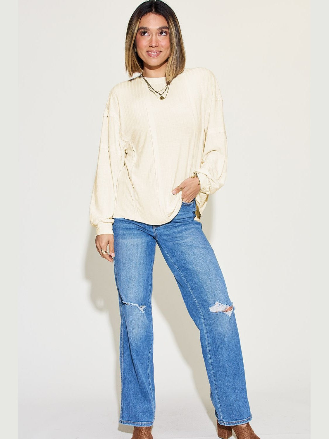 Women Basic Bae Full Size Ribbed Round Neck Long Sleeve T-Shirt NicholesGifts