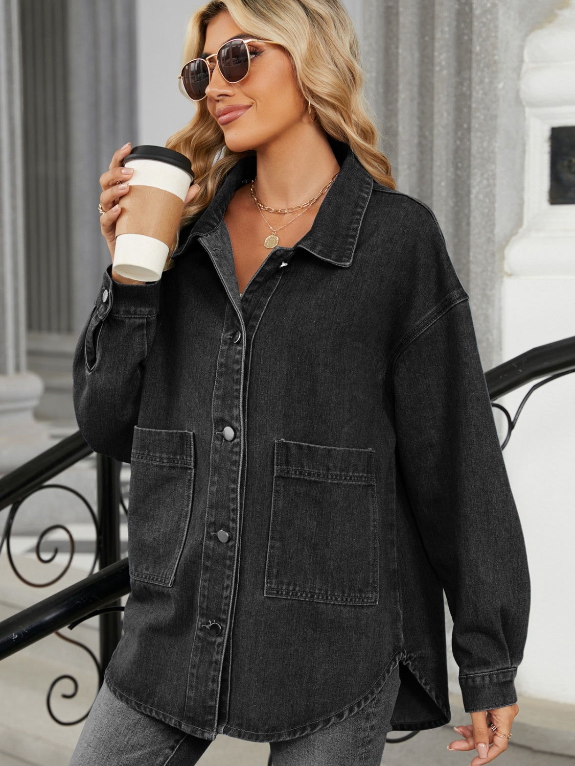 Removable Hood Button Up Long Sleeve Denim Jacket NicholesGifts