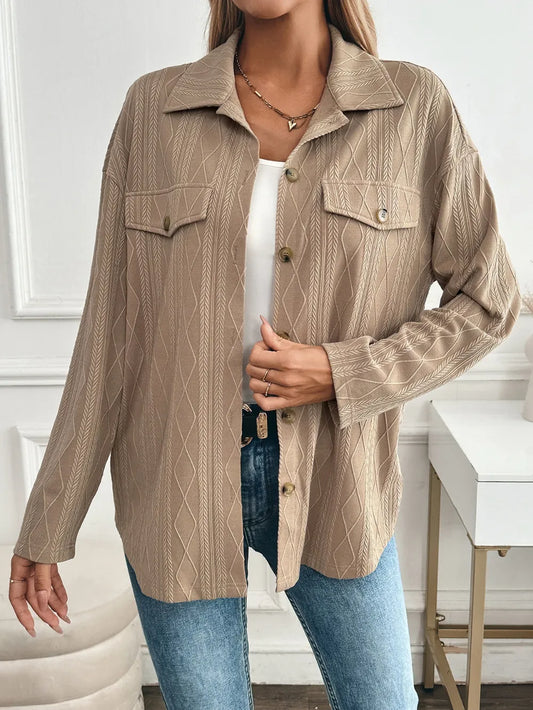 Textured Collared Neck Button Down Shacket nicholesgifts