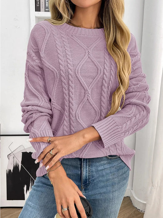 Cable Knit Round Neck Long Sleeve Sweater Trendsi