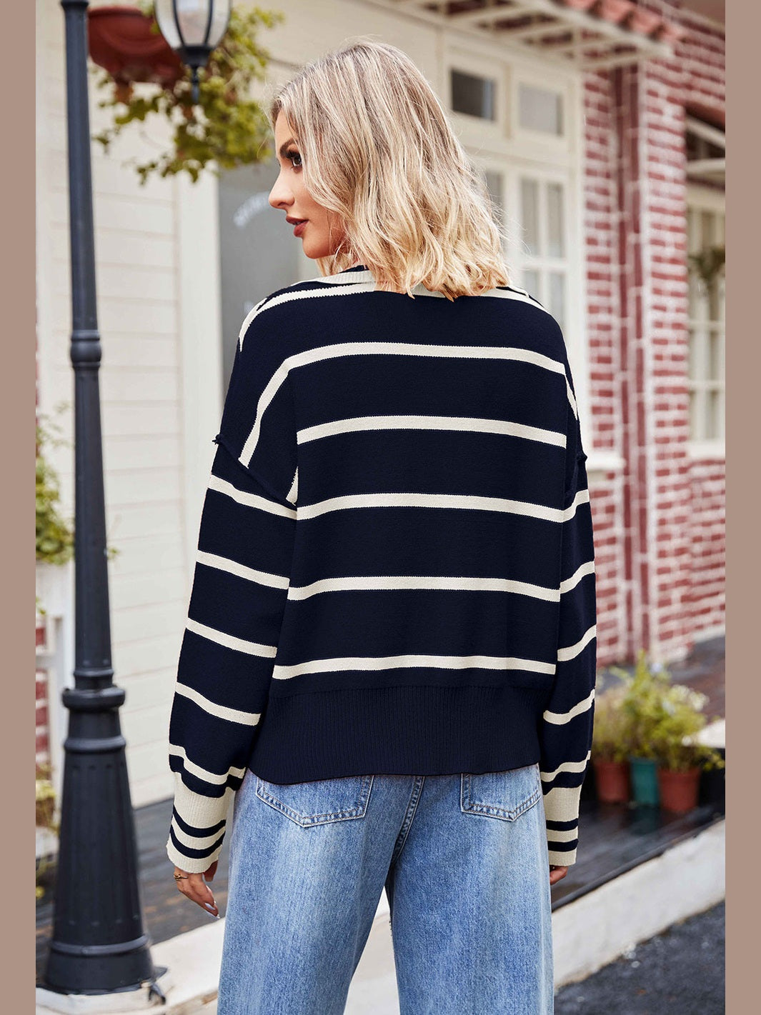 Striped Johnny Collar Sweater Trendsi
