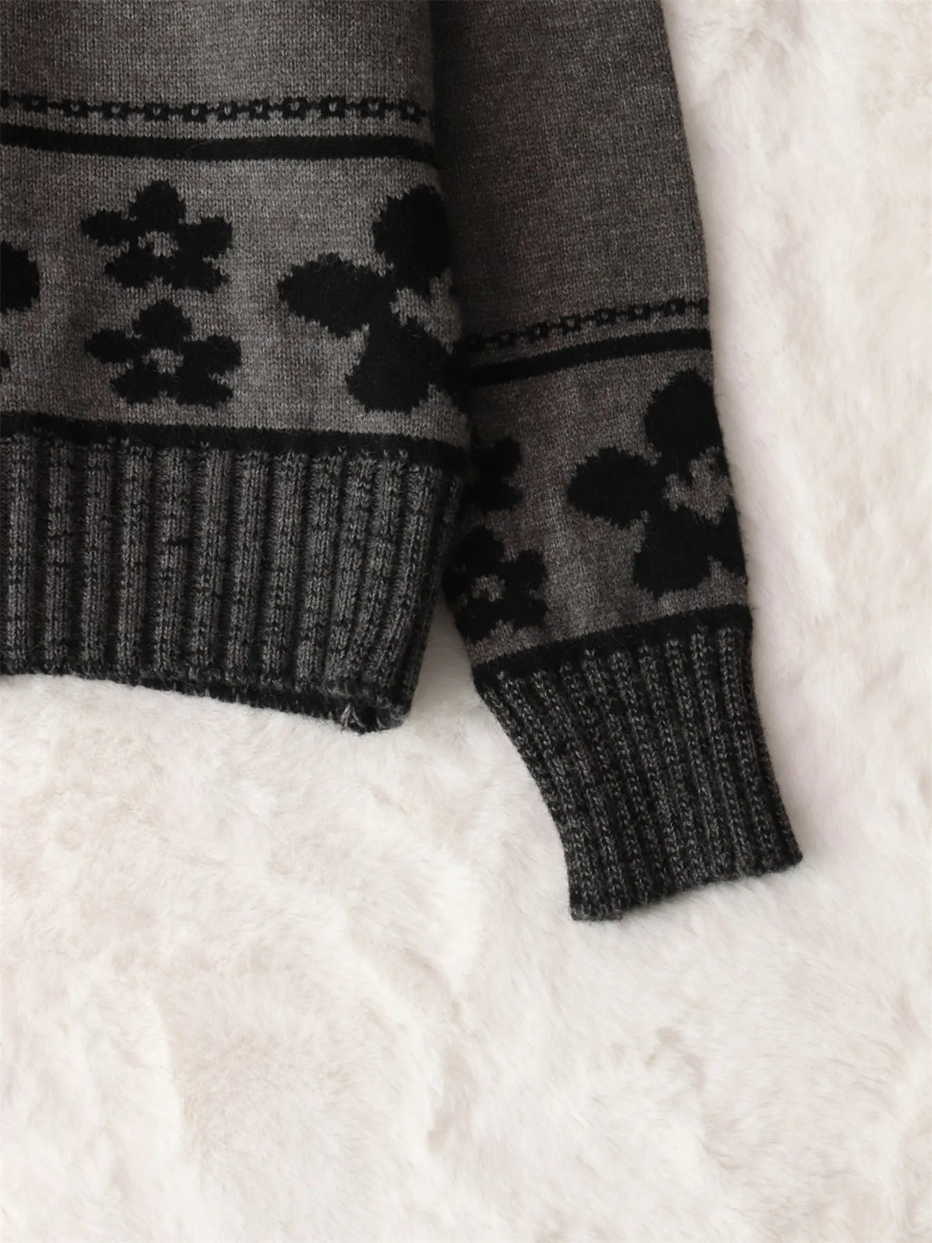 Flower Zip Collar Long Sleeve Sweater