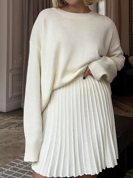 Round Neck Top and Pleated Skirt Sweater Set nicholesgifts