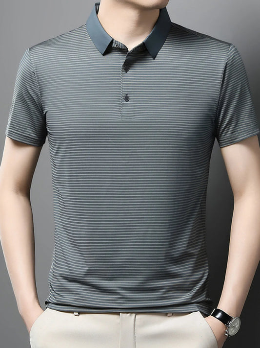 Men's Plus Size Classic Striped Business Casual Polo Shirt NicholesGifts