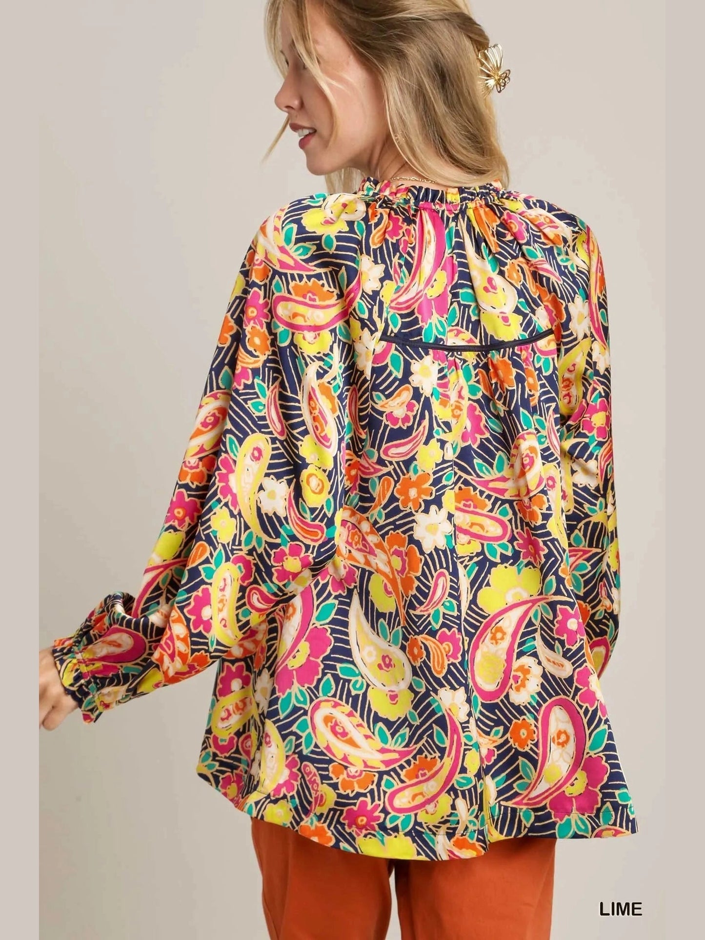 Umgee Full Size Satin Paisley Ruffle Neck Button-Up Shirt Plus Size NicholesGifts