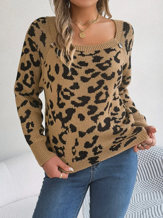 Leopard Buttoned Square Neck Sweater Trendsi