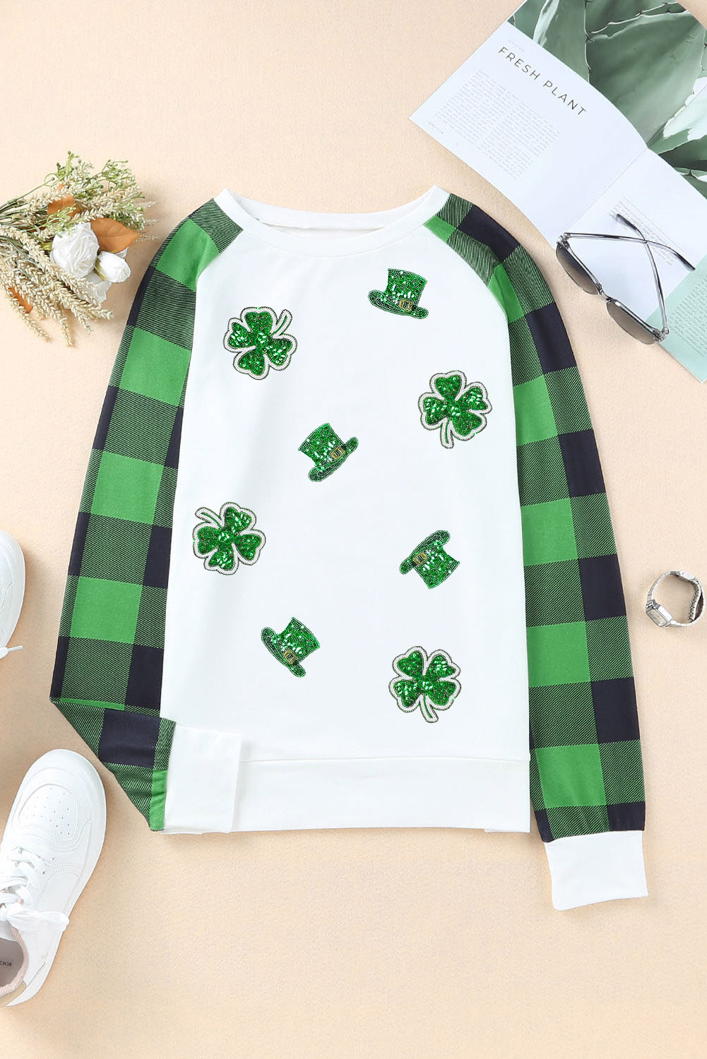 Women Lucky Clover Sequin Round Neck Sweatshirt NicholesGifts