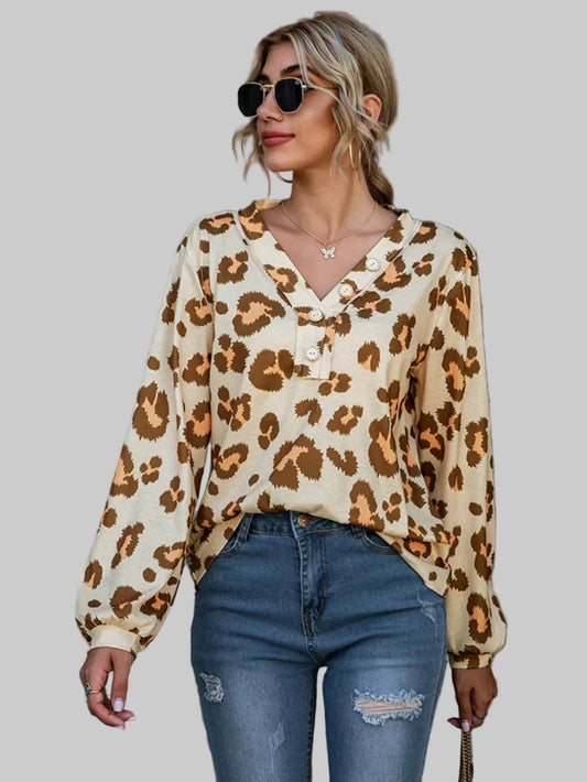 Leopard V-Neck Decorative Button Long Sleeve Blouse nicholesgifts