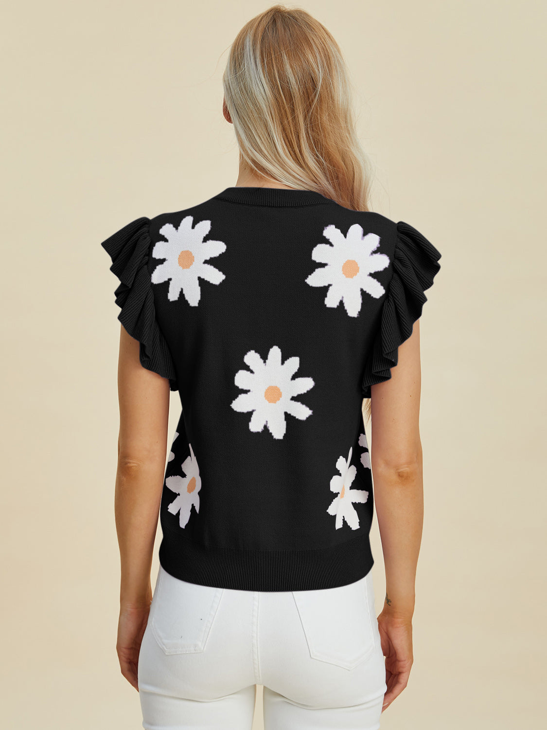 Women Double Take Full Size Ruffled Flower Round Neck Cap Sleeve Black Top NicholesGifts