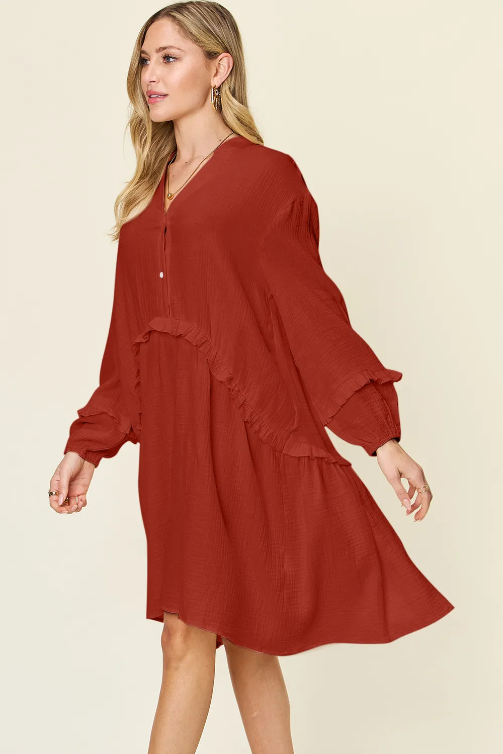Double Take Full Size Texture Half Button Ruffle Trim Dress NicholesGifts
