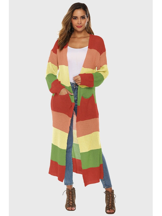 Women Color Block Long Sleeve Pocketed Cardigan
