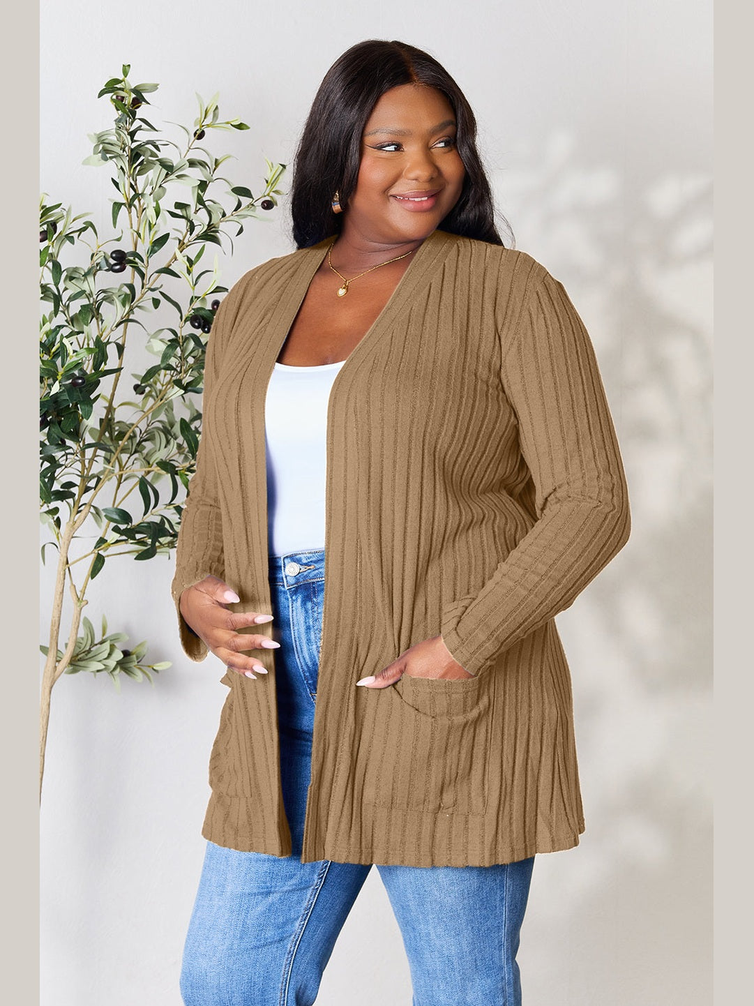 NicholesGifts Women Basic Bae Full Size Ribbed Open Front Cardigan with Pockets NicholesGifts