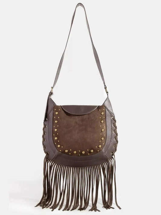 Fame Rivet Trim Suede Fringe Shoulder Bag nicholesgifts