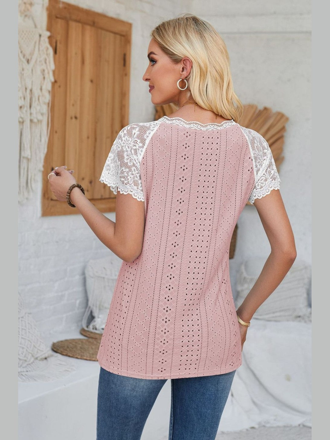 Eyelet V-Neck Lace Short Sleeve T-Shirt
