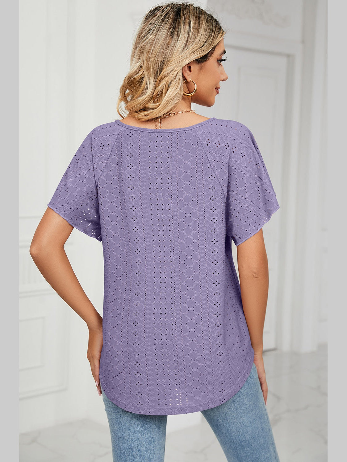 Women Eyelet Tie Neck Flutter Sleeve Blouse