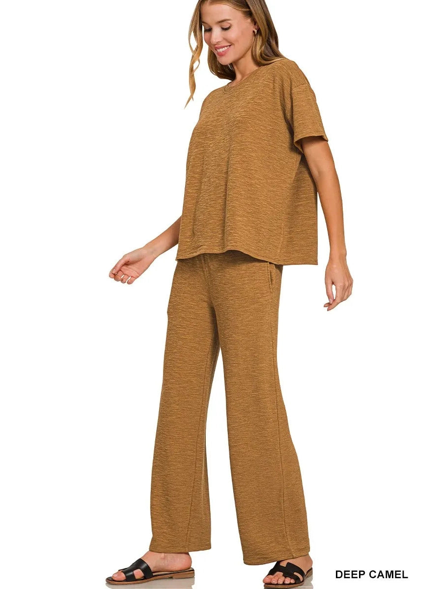 Zenana Slub Short Sleeve T-Shirt and Pants Set NicholesGifts