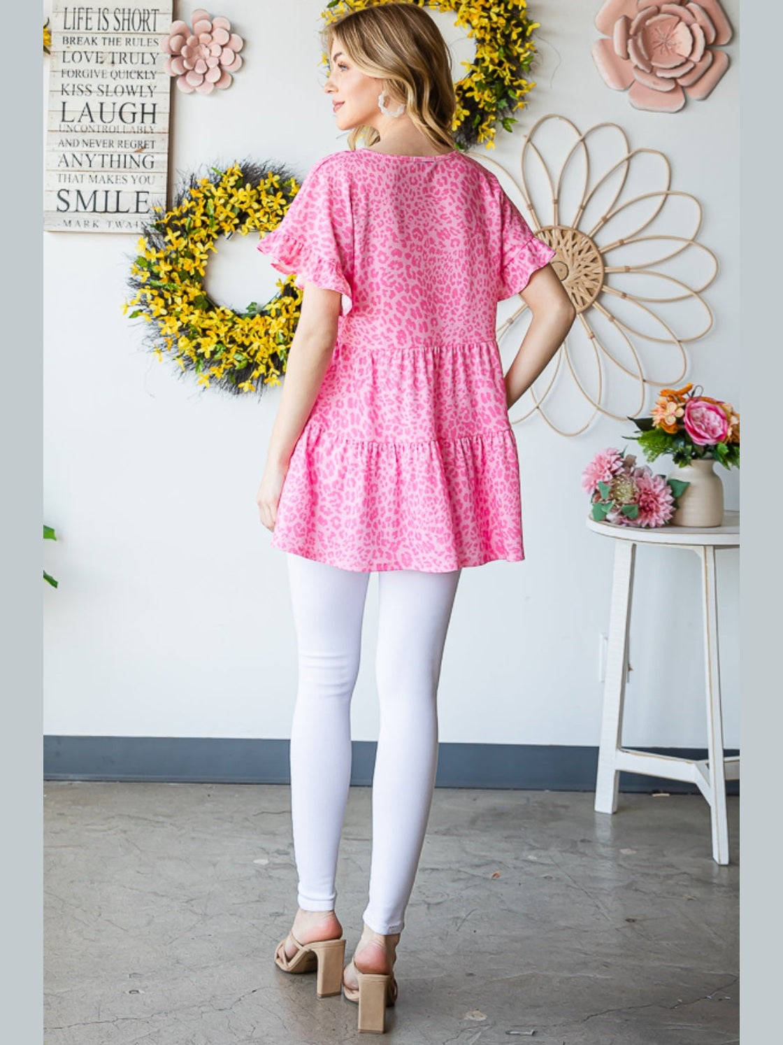 Women Full Size Leopard Ruffle Trim Short Sleeve Top