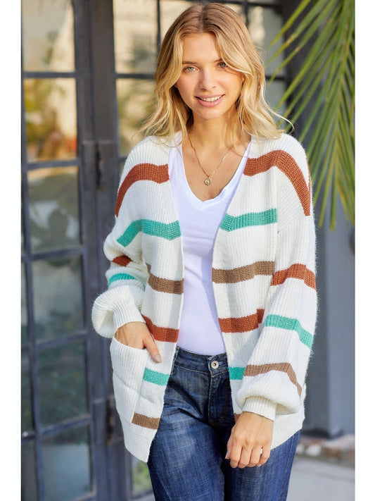 Women Striped Open Front Dropped Shoulder Cardigan NicholesGifts