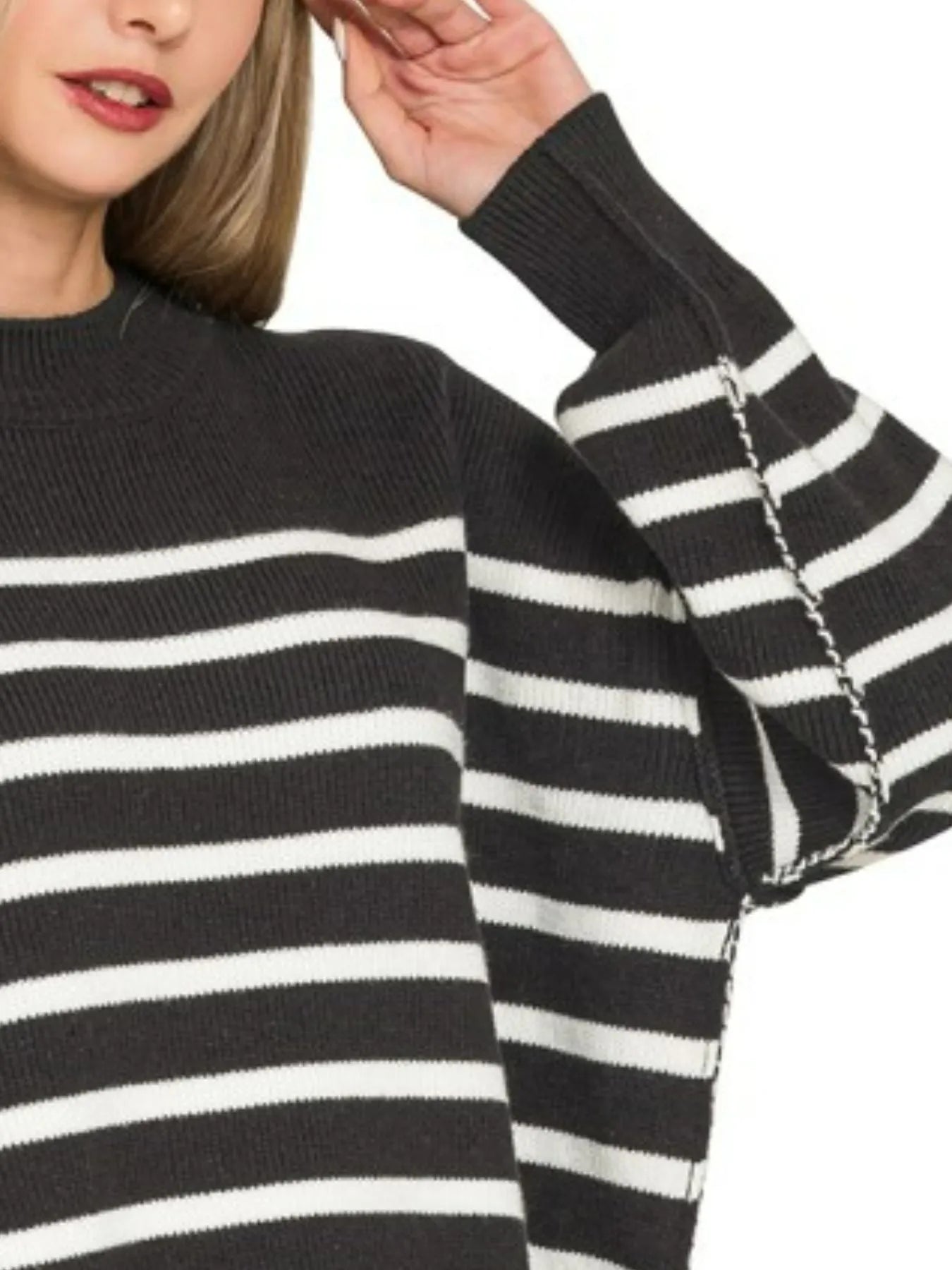 Zenana Exposed Seam Striped Oversized Sweater NicholesGifts