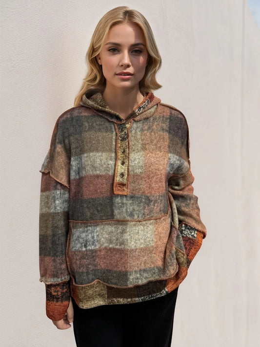 Double Take Full Size Plaid Dropped Shoulder Fleece Hoodie Trendsi