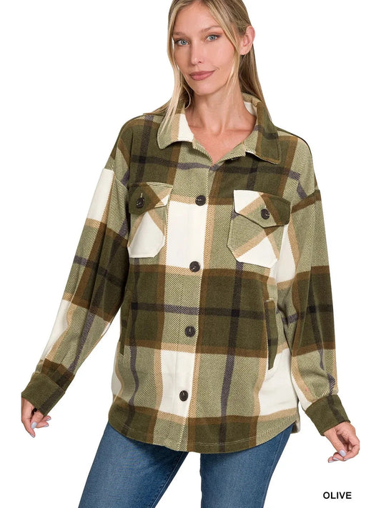 Zenana Oversized Plaid Fleece Shacket Trendsi