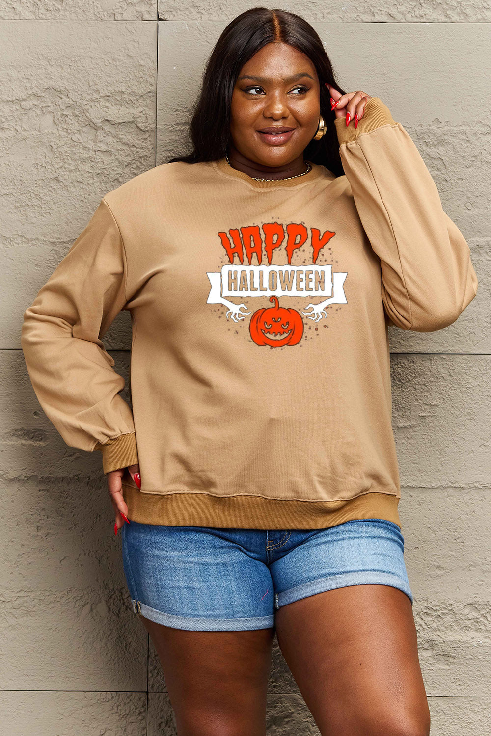 Women Simply Love Full Size Happy HAlloween Graphic Sweatshirt NicholesGifts