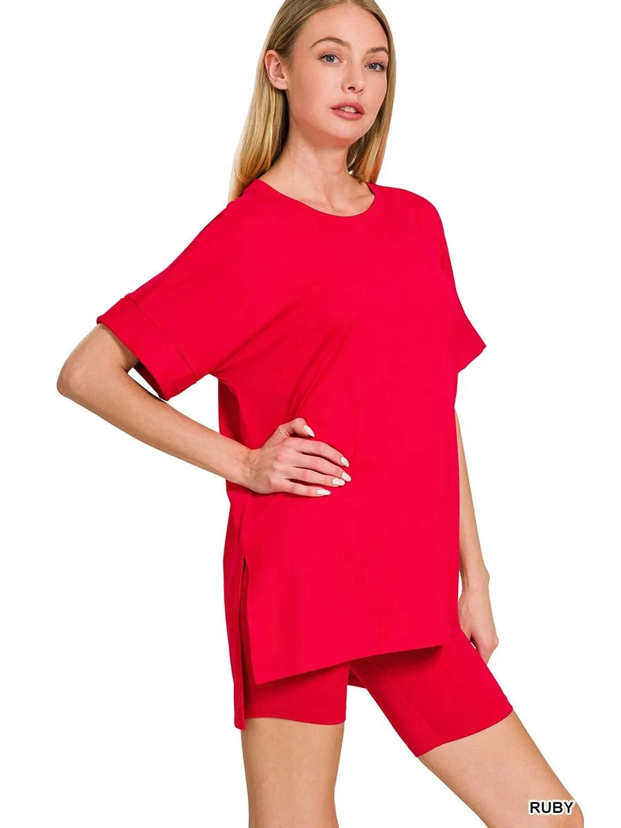 Zenana Full Size Brushed Dty Microfiber Round Neck Top and Biker Shorts Set Plus Size NicholesGifts