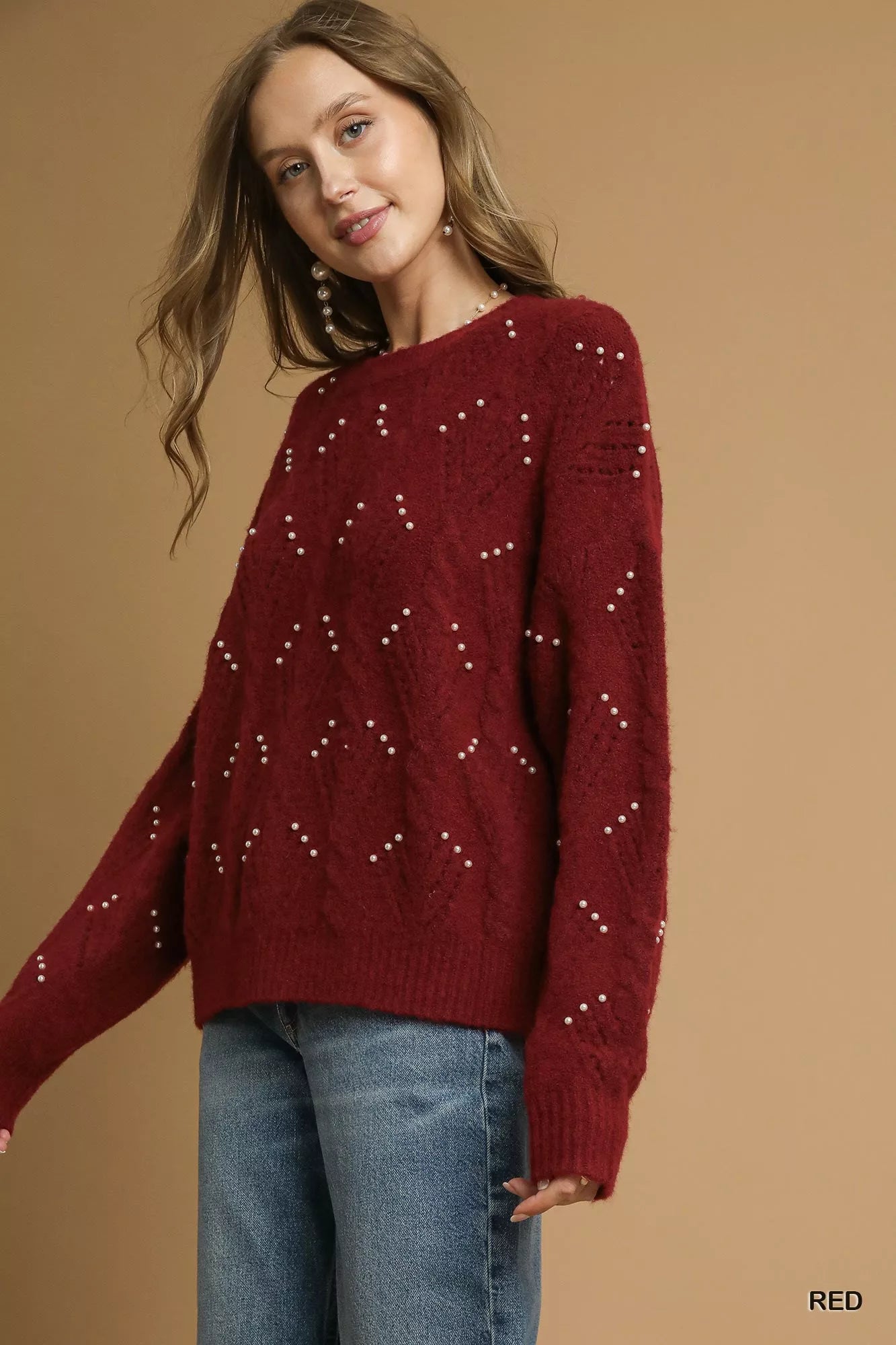Umgee Pearl-Embellished Long Sleeve Sweater