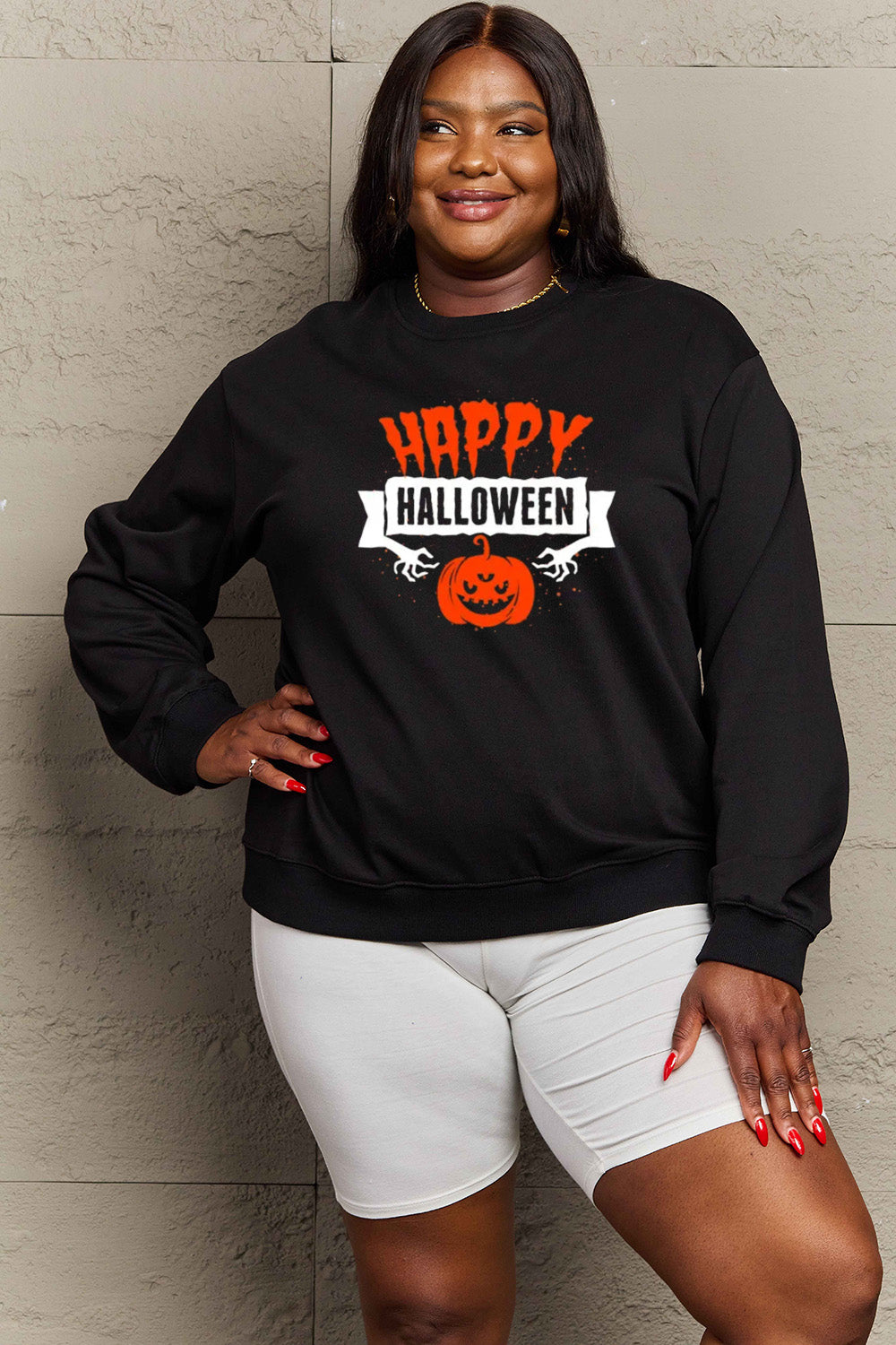 Women Simply Love Full Size Happy HAlloween Graphic Sweatshirt NicholesGifts
