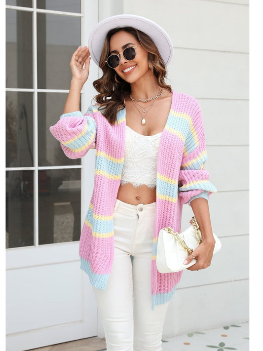 Women Color Block Ribbed Dropped Shoulder Open Front Cardigan