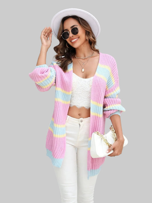 Women Color Block Ribbed Dropped Shoulder Open Front Cardigan nicholesgifts