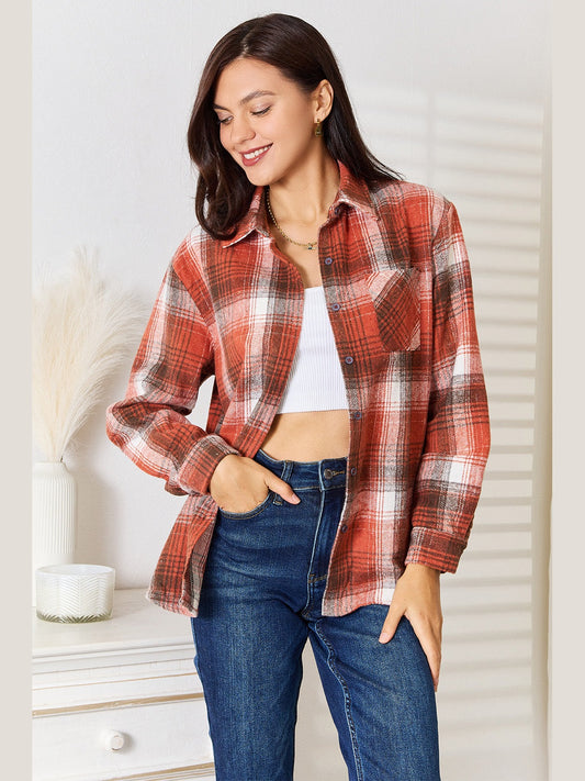 Women Double Take Plaid Collared Neck Long Sleeve Shirt