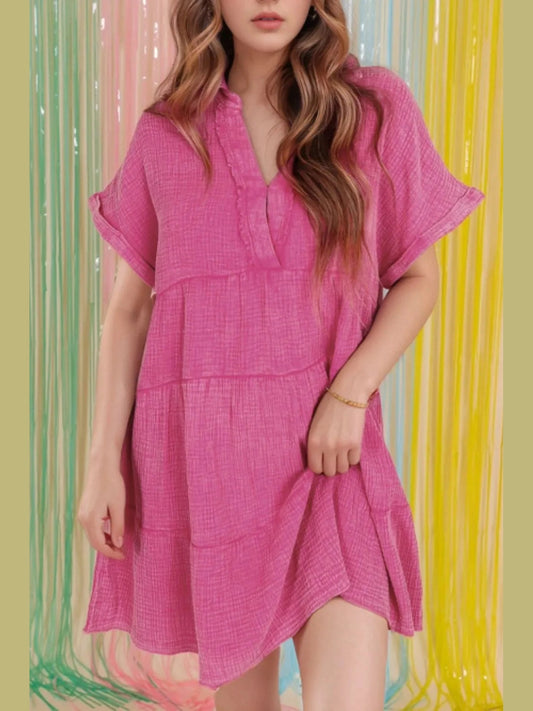 Mineral Wash Crinkle Split Neck Raw Hem Tiered Dress NicholesGifts