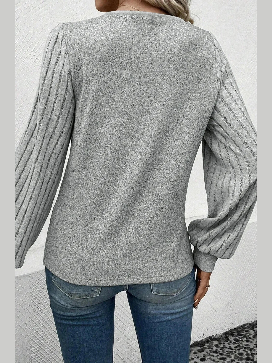 Decorative Button V-Neck Lantern Sleeve Blouse